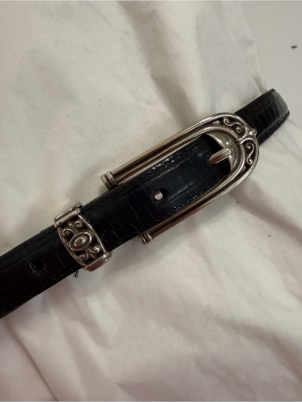 Brighton Black Croc-Embossed Leather Belt with Silver Accent